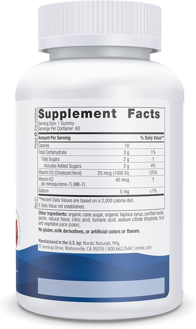 Nordic Naturals Vitamin D3 + K2 Gummies, Pomegranate - 60 Gummies - 1000 IU Vitamin D3 + 45 mcg K2 - Great Taste - Bone Health, Promotes Healthy Muscle Function - Non-GMO - 60 Servings