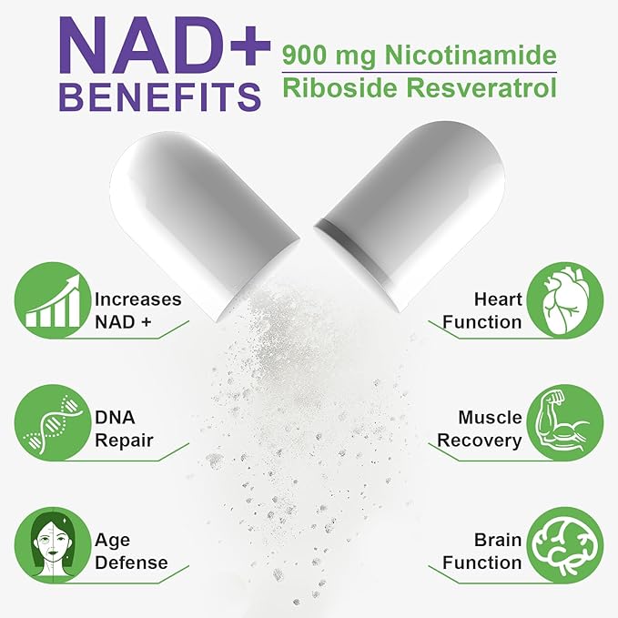 NAD Supplement, 900MG Liposomal Nicotinamide Riboside, Liposomal Resveratrol, Quercetin, High Purity NAD+ Supplement for Energy, Support Cellular Health, Stamina & Healthy Aging, 80 Capsules