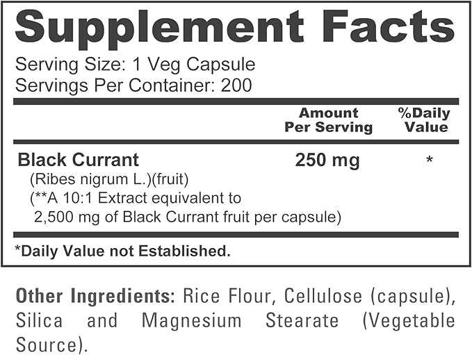 NusaPure Black Currant 10:1 Extract, 250 mg Equivalent to 2,500mg, per Caps 200 Veggie Capsules Vegan, Non-GMO