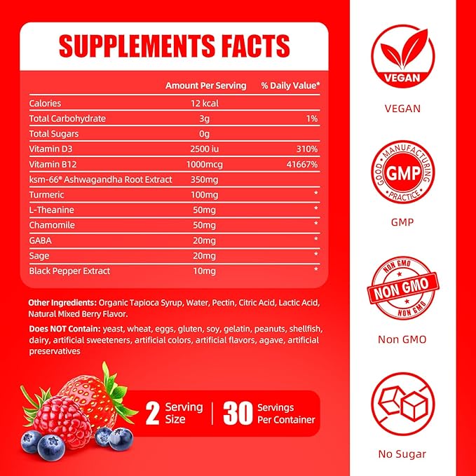Ashwagandha Gummies for Women and Men, KSM-66 Ashwagandha Root Extract Supplement for Sleep aid, L-Theanine, GABA, Chamomile,Turmeric with Black Pepper(Natural Berry F)
