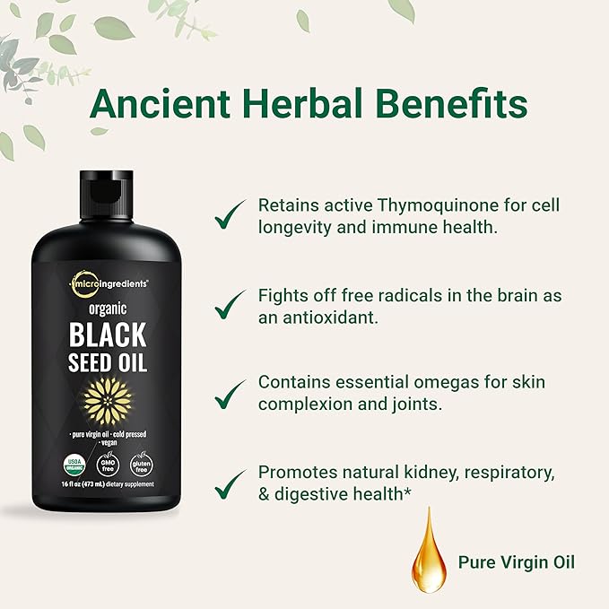 Micro Ingredients Organic Black Seed Oil, 16 fl oz | Cold Pressed from Nigella Sativa Seeds | Rich in Thymoquinone & Omega 3 6 9 | Immune, Joint, Hair & Skin Support | Pure Virgin Oil, Non-GMO