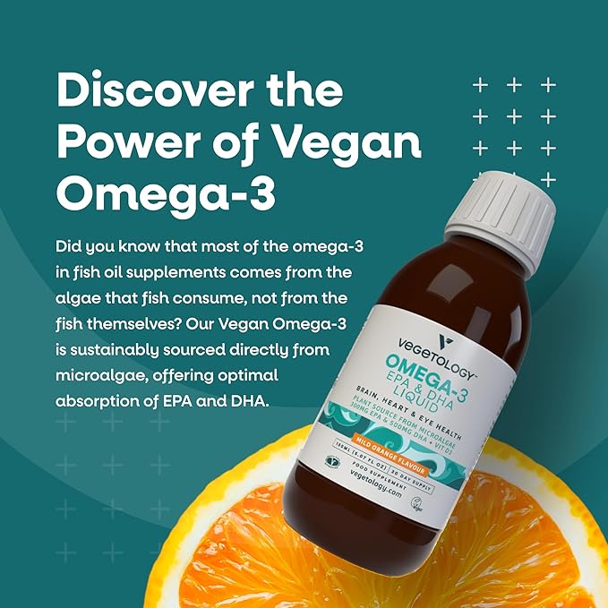 Vegan Omega 3 Liquid, from Microalgae, 800mg of EPA DHA, with Vitamin D3, Supports Heart, Brain, and Eye Health, Natural Fish Oil Alternative, UK Made, Mild Orange Flavoured