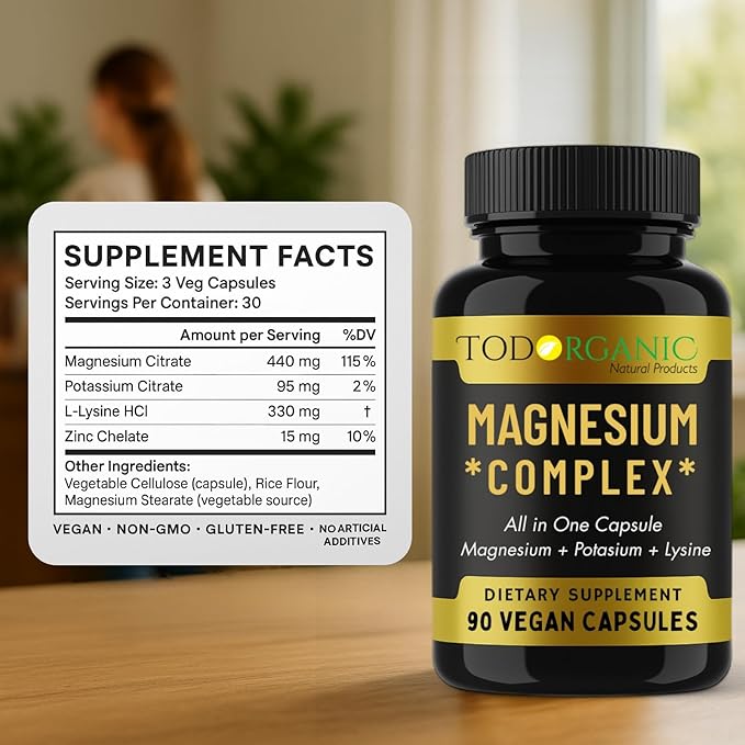 Todorganic Magnesium Citrate, Potassium Citrate and Lysine for Enhanced Leg Cramp Relief and Restful Sleep | Vegan Potassium Magnesium Supplement | 90 Capsules with High-Absorption