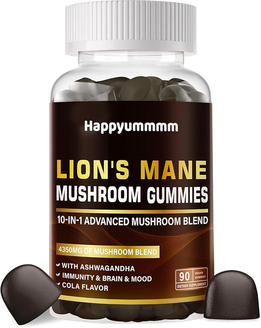 Mushroom Gummies - 10x Mushroom Supplement with Ashwagandha and Lions Mane (90 Chews) Nootropic Brain Supplement, Immune Support & Stress Relief-Coke Flavor