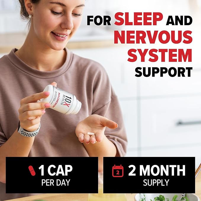 10X Health Magnesium Supplements - High-Absorption Magnesium Citrate for Sleep, Muscle & Nerve Support, Cardiovascular & Heart Health - 60 Capsules