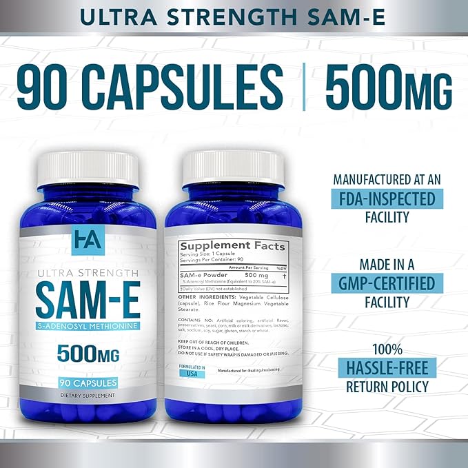 Healing Awakening SAM-e 500mg 90 Capsules (S-Adenosyl Methionine)