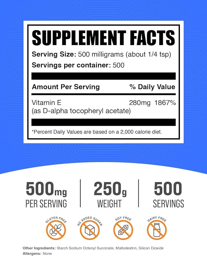 BulkSupplements.com Vitamin E 400 IU Powder - as D-Alpha Tocopherol, Nutritional Supplements - Gluten Free, 500mg per Serving, 250g (8.8 oz) (Pack of 1)