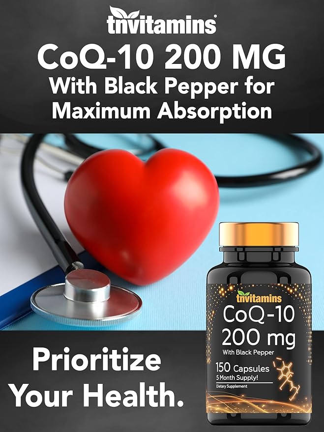 CoQ-10 200mg - 150 Capsules with Black Pepper Extract | 5 Month Supply! | Powerful Free Radical Fighting Antioxidant | Max Absorption Rapid Release Capsules | Coenzyme Q-10 200 mg