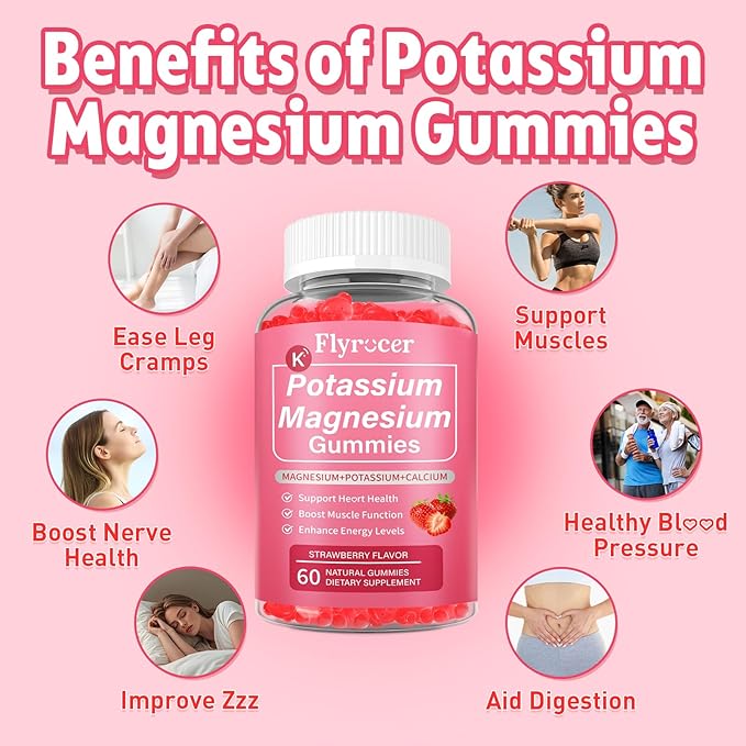 2 Pack Potassium Magnesium Gummies for Men & Women, Potassium Magnesium Supplement for Leg Cramps, Muscle Health, & Electrolyte Balance, Strawberry Flavor, 120 Gummies