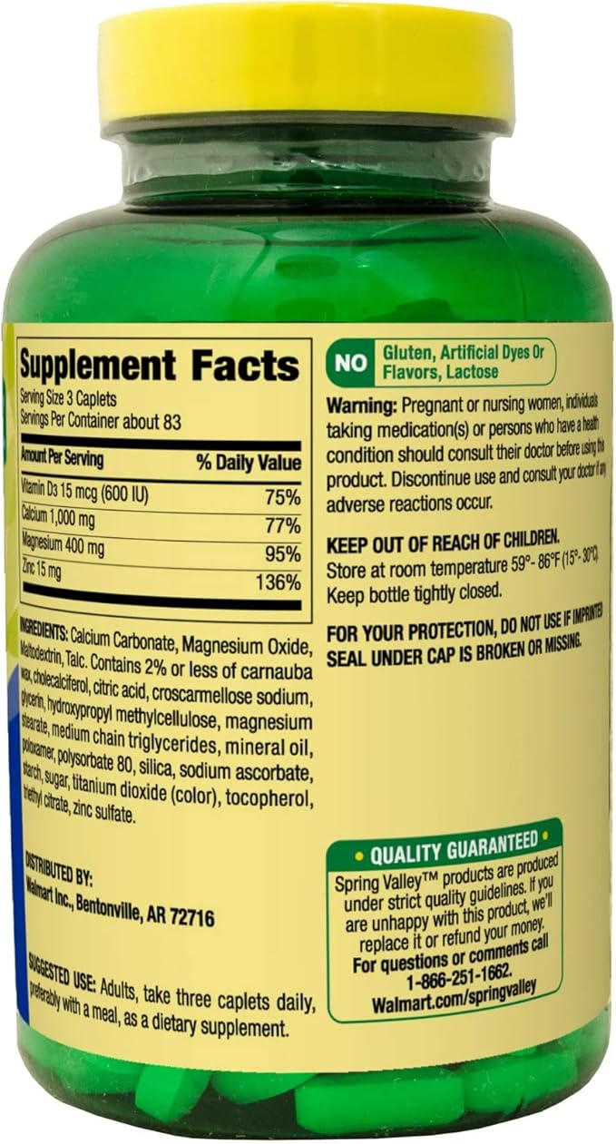 Calcium, Magnesium, Zinc & Vitamin D3. Spring Valley Calcium Magnesium with Plus Vitamin D3 Caplets Dietary Supplement, 250 Count Bundle with Luall's 45 Diabetes Decoded