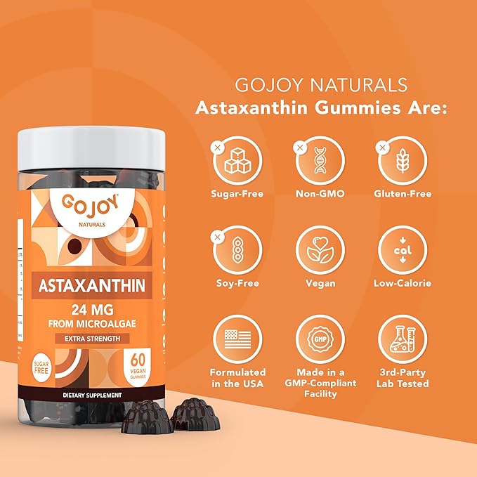 Chewable Astaxanthin Gummies - Natural Astaxanthin 24mg Antioxidant Supplement - Vegan, Non-GMO, Sugar-Free, Gluten-Free, Soy-Fee, 3rd Party Lab Tested - 2 Month Supply (60 Gummies)