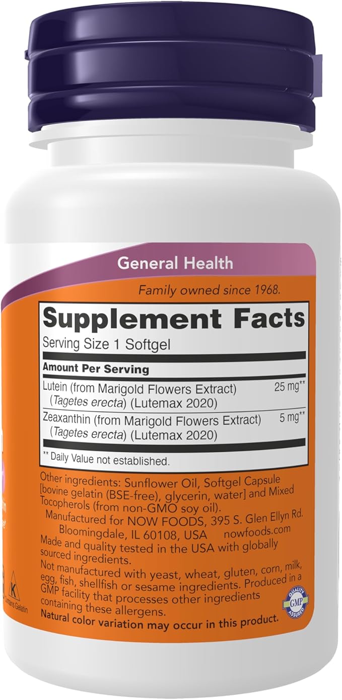 NOW Foods Supplements, Lutein & Zeaxanthin with 25 mg Lutein and 5 mg Zeaxanthin, 60 Softgels