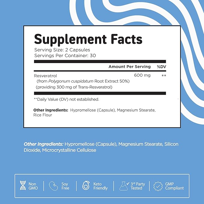 Vital Vitamins Resveratrol Supplement - Antioxidant Support, Cellular Longevity, Cognitive Function - 60 Capsules