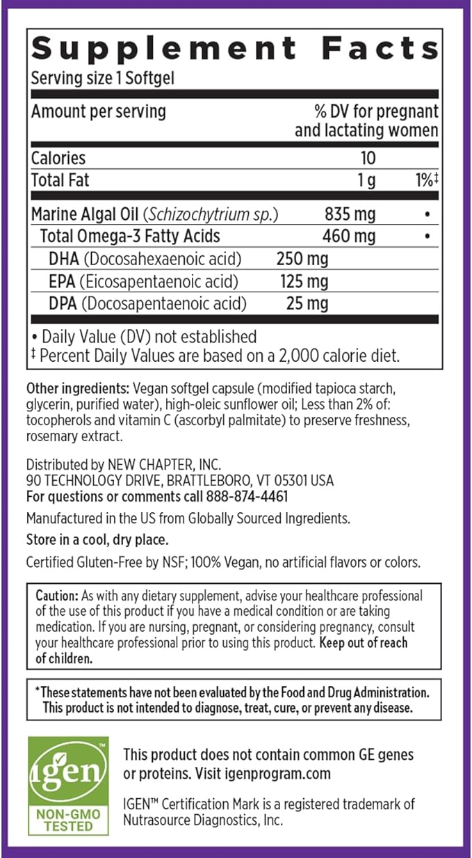 New Chapter Vegan Prenatal DHA, EPA, and DPA Supplement - Prenatal Vegan Omega-3 Complex for Healthy Brain & Eye Development During Pregnancy - 30 Softgels