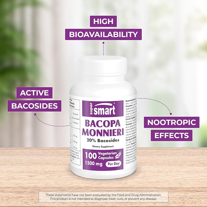 Supersmart - Bacopa Monnieri 1500 mg Per Day - Nootropic Supplement & Brain Boost - Help Improve Learning, Memory & Information Processing | Non-GMO & Gluten Free - 100 Vegetarian Capsules