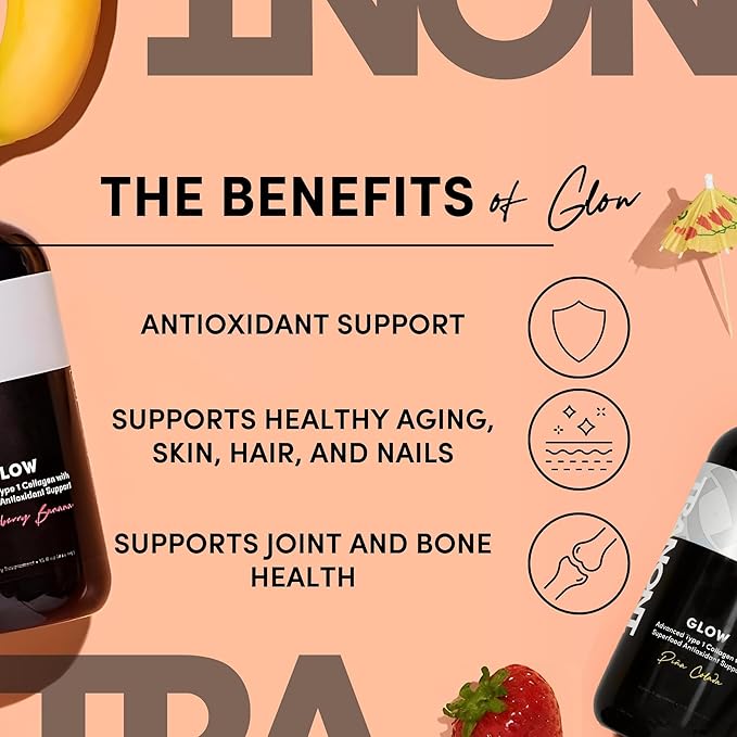 Tranont Glow 2-PK | Strawberry Banana & Piña Colada| Type 1 Collagen with Superfood Antioxidant Support | for Hair, Skin, Nails & Joints | Liquid Collagen with Hyaluronic Acid & Peptides | 30 Fl Oz