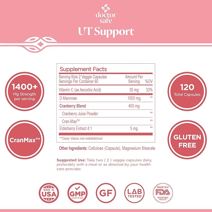 Cranberry Supplement, D-Mannose Capsules Made with Concentrated Whole Fruit Cranberry, Natural Support for Rapid Action to Help Cleanse and Protect The Urinary Tract* (120 Count)
