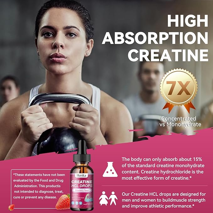 Creatine HCL Liquid Drops for Men & Women, Creatine Hydrochloride with L-Carnitine, L-Glutamine, BCAA, Vitamin B12 & B6 for Muscle Growth, Promote Energy & Recovery-Vegan, Strawberry Flavor, 2 Fl Oz
