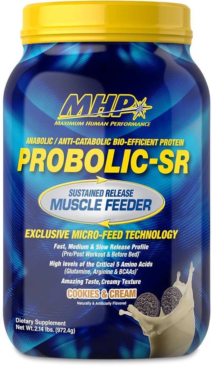 Maximum Human Performance Probolic-SR Sustained Release Protein Powder, 24g Protein, BCAAs, Glutamine, Arginine, Pre-Workout, Post-Workout, Nighttime Protein, 2lbs, 26 Servings, Cookies & Cream