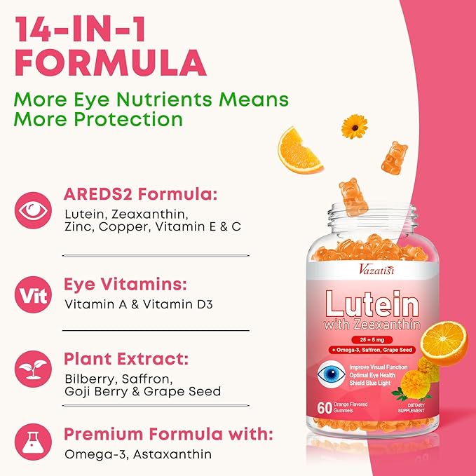 Lutein and Zeaxanthin Supplements Gummies, Advanced Eye Vitamin Supplement with Bilberry, Saffron, Grape Seed, Omega 3 for Macular Health, Dry Eye, Visual Function - Orange Flavor, 120 Count