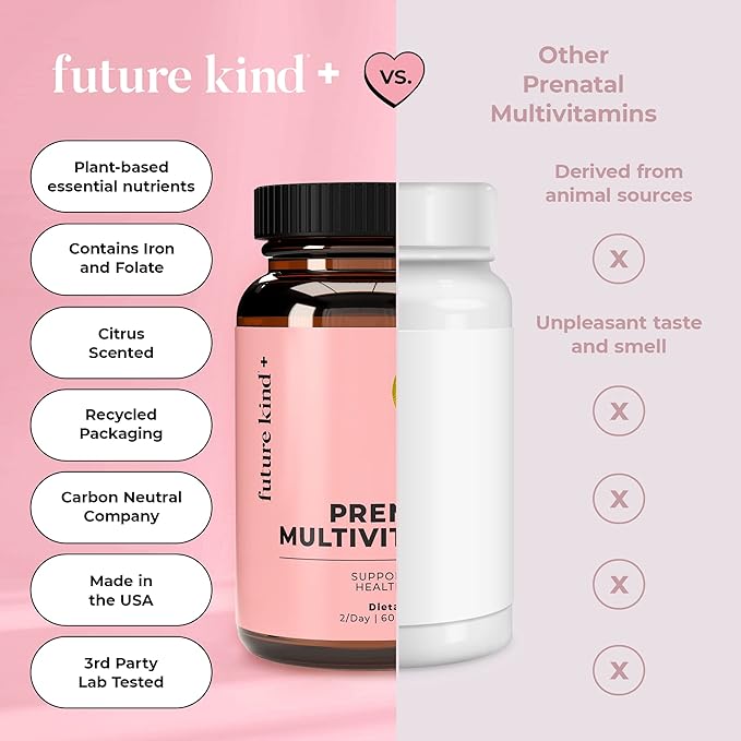 Future Kind Vegan Prenatal Vitamin with DHA & L-Methylfolate in Glass Bottle - Prenatal Folate Supplement for Women with Vitamin D & E, Iron & Biotin - Gluten-Free, Non-GMO (60ct)
