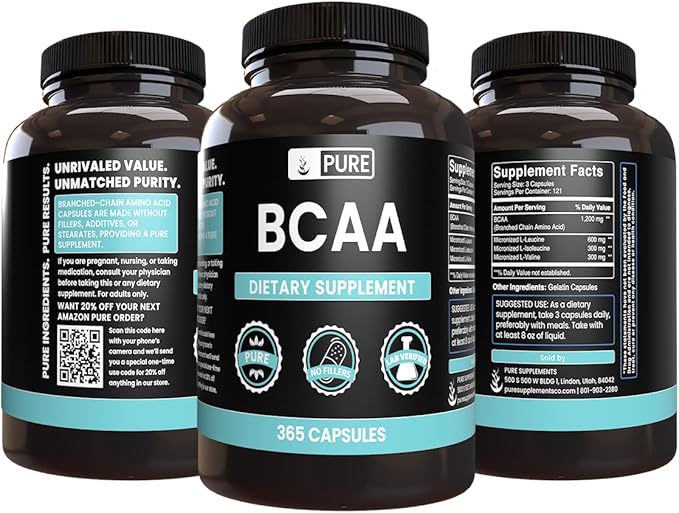 Pure Original Ingredients BCAA No Magnesium Or Rice Fillers, Always Pure, Lab Verified (365 Capsules)