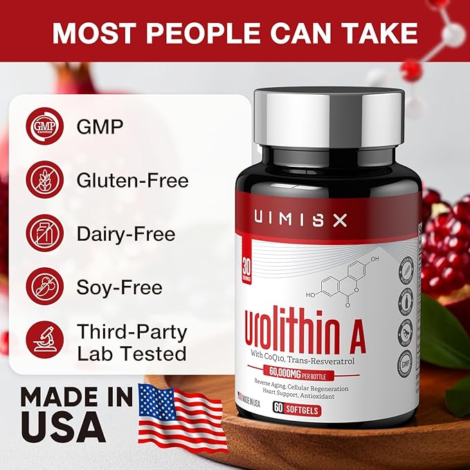 Urolithin A Pro Supplement 1000mg, 60 Softgels Super Antioxidants with Resveratrol & CoQ10 for Energy Production and Healthy Aging- Mitoceutical for Muscle Strength and Skin Care
