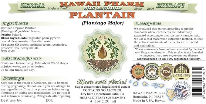 Plantain Alcohol-Free Liquid Extract, Organic Plantain (Plantago Major) Dried Leaf Glycerite Natural Herbal Supplement, Hawaii Pharm, USA 2 fl.oz