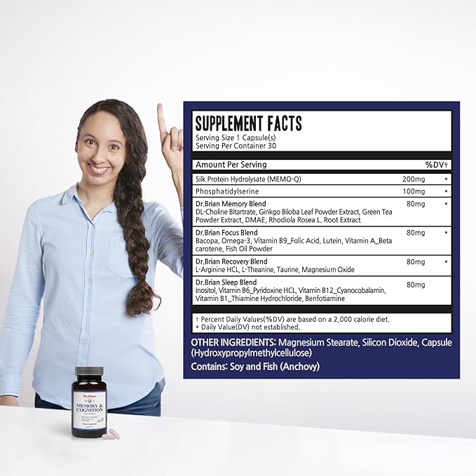 Dr. Brian Phosphatidylserine Brain Supplement for Memory & Focus - Nootropic Cognitive Support with Ginkgo Biloba, B Vitamins - Mental Clarity & Concentration Booster - 30 Capsules