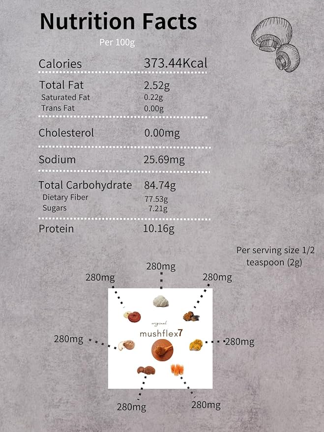 K-Food 7 Mushroom Powder Supplement with Phellinus linteus, Red Reishi, Lion’s Mane, Cordyceps, Chaga, Shiitake, Tremella fuciformis, Production of Korea – 4 Ounce