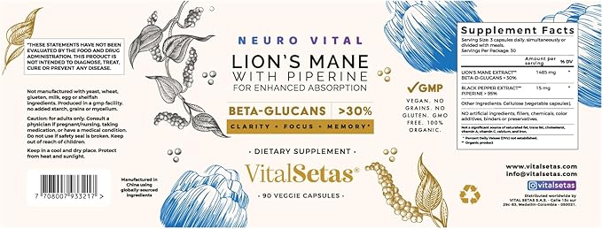 Neuro Vital Lion's Mane & Piperine Brain Supplement - Amplify Focus, Boost Memory, and Enhance Mental Clarity – Lab Tested & Allergen Free - 90 Premium Veggie Capsules for Immune Support