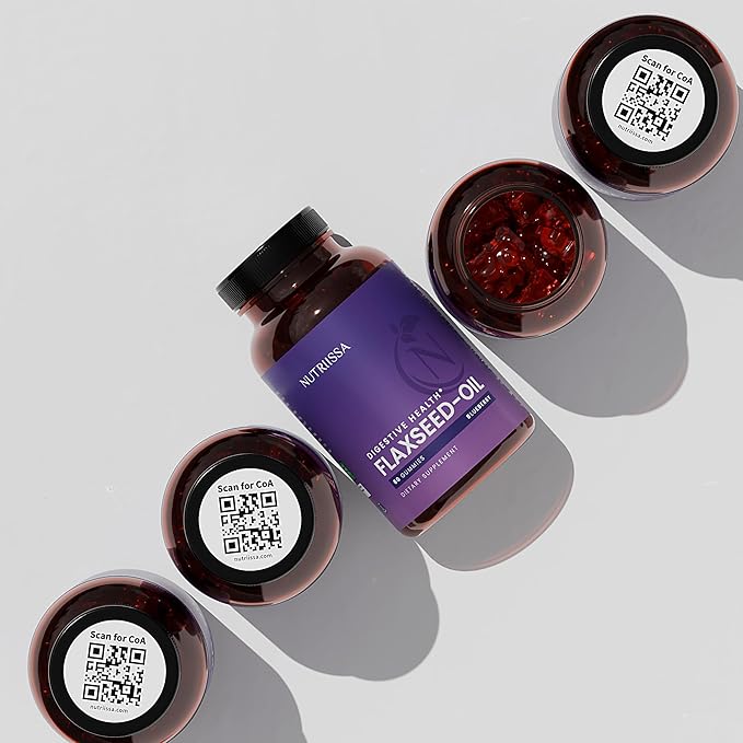 Nutriissa Flaxseed Gummies – Digestive Health & Omega Support – EPEB Certified for Purity & Potency – 60 Blueberry Flavored Vegan Gummies