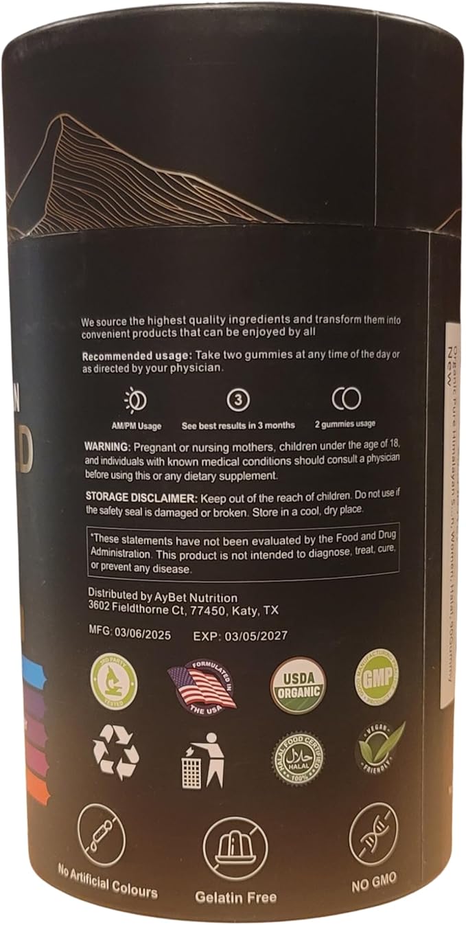 Organic Pure Himalayan Shilajit Gold Gummies for Men and Women, Black Seed Oil, Ashwagandha, Ginseng, Turmeric, Gokshura, Lion's None, Lab Tested,%75 Fulvic Acid, No Sugar Added, Halal, 90Gummy