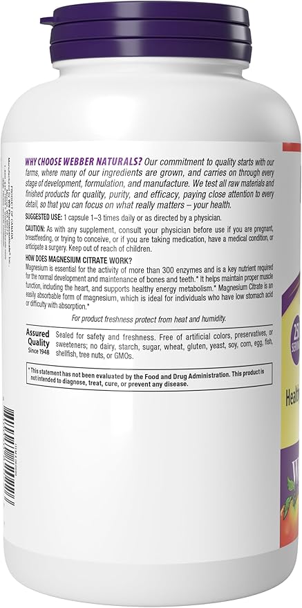 Webber Naturals Magnesium Citrate, 150 mg Per Capsule, 250 Capsules, High Absorption, Helps Support Bones, Teeth and Proper Muscle & Heart Function, Gluten & Dairy Free
