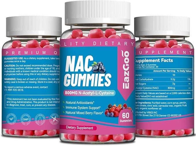 NAC Gummies 800mg, N-Acetyl Cysteine Supplement, NAC Supplement for Immune System & Antioxidant, Non-GMO, Gluten Free, Vegan - 60 Counts