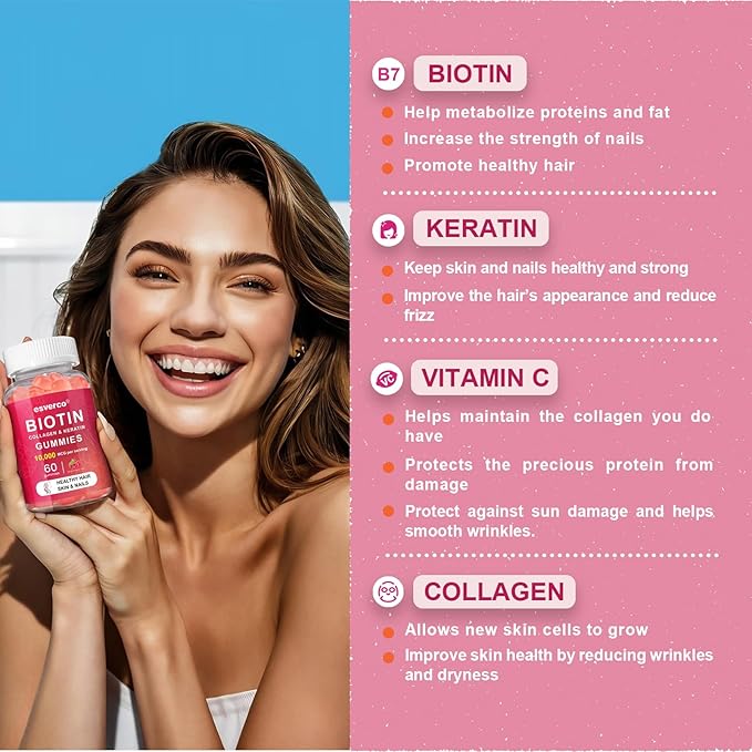 Biotin Gummies10000mcg Collagen Keratin Gummies Supplements Gummy Hair Skin And Nails Vitamins Gummies Daily Hair Nail Growth & Strengthener Gummies For Women Vegan Biotin Vitamin C Gummy120 Count
