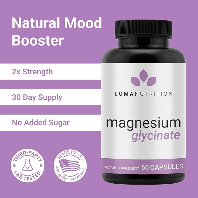 Luma Nutrition Magnesium Glycinate 1000mg - Support Stress, Sleep, Nerve & Muscle Health - 500mg Pure Magnesium Supplement Capsules - Chelated for High Absorption - 60 Veggie Capsules