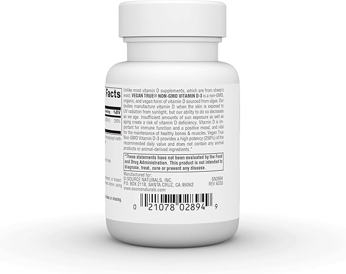 Source Naturals Vegan True, Non-GMO Vitamin D-3, Dietary Supplement for Immune and Bone Health*, 2,000 IU - 60 Capsules