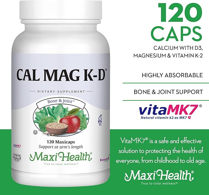 Maxi Health Men and Women 500 mg Calcium Supplement with Vitamin D3 (2000 IU), Magnesium (250 mg) and Vitamin K2 (150 mcg) - Bone, Teeth and Joint Support - 120 Capsules