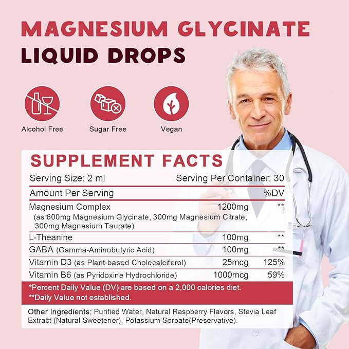 90% Absorption Magnesium Glycinate Liquid Drops with Citrate and Taurate, Magnesium Complex 1200mg with GABA, L-theanine, D3 and B6 for Calm, Sleep, Relaxation - Raspberry Flavor 1 Fl Oz (Pack of 2)