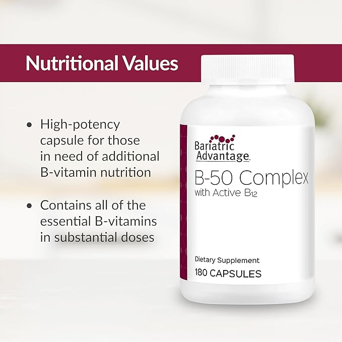 Bariatric Advantage B-50 Complex with Active B12, High Potency Supplement Containing All Essential B Vitamins with Choline, Inositol and PABA - 180 Count