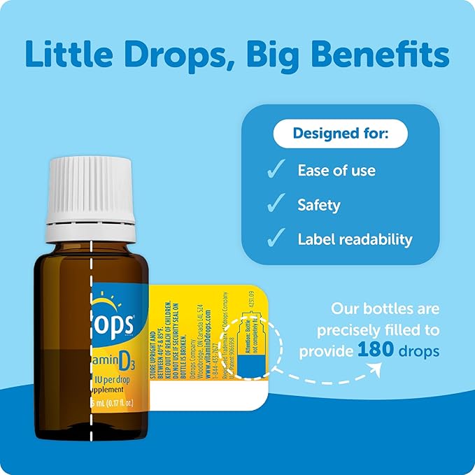 Ddrops Adults 1000 IU 180 Drops, Liquid Vitamin D. Supports Strong Bones & Immune System. No Large Capsules, No Preservatives, Non-GMO, Allergy-Friendly