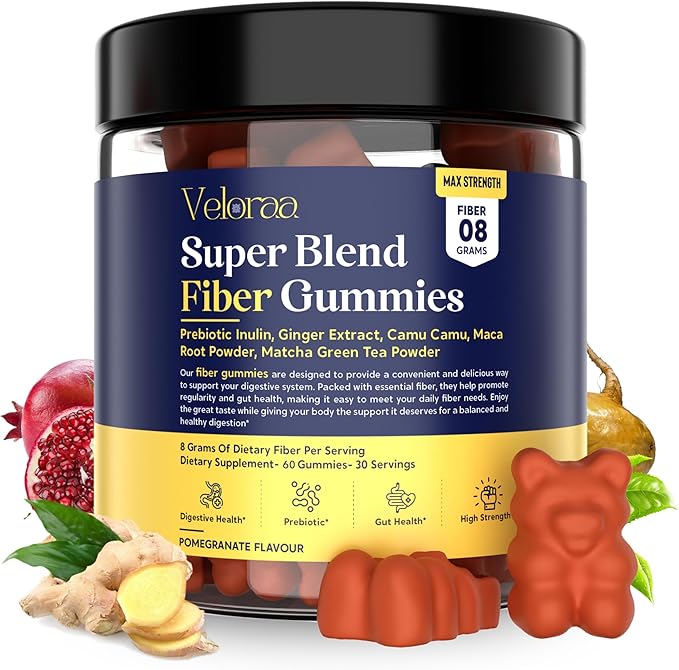 Super Blend Fiber Gummies for Adults – 8g Prebiotic Fiber Gummies, Supports Digestive Health, Bloating Relief & Wellness, Infused with Ginger, Camu Camu & Matcha, Strawberry Flavor – 60 Count