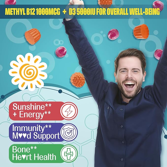 Focus Memory & Energy Gummies, L-Tyrosine + Methyl B12 1000mcg, B6 50mg, D3 C, Lion's Mane Mushroom, for 15+ Students, Office Worker, Multivitamin, Herb Blend for Seniors Brain & Cognition, Sugar Free