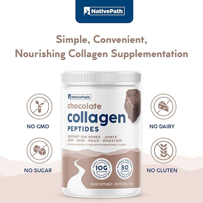 NativePath Collagen Peptides - Hydrolyzed Type 1 & 3 Collagen. Keto & Paleo Grass-Fed Protein Powder for Hair, Skin, Nails, Bones, Joints, Digestion and More - No Gluten or Dairy (Chocolate, 268g)