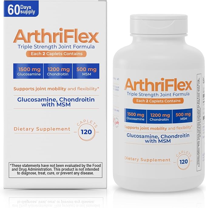 ArthriFlex Glucosamine Chondroitin MSM – Triple Strength Joint Support – Chondroitin Sulfate & MSM – Move Free & Heal and Soothe Arthritis Supplement – 120 Caplets for Mobility & Flexibility