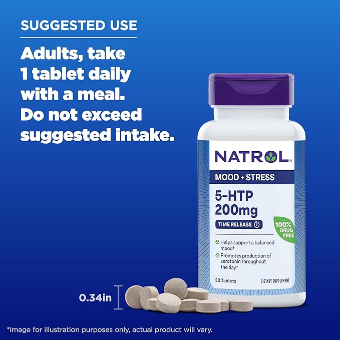 Natrol 5-HTP 200 mg, Time Release, Support a Balanced Mood, Dietary Supplement Provides Serotonin Production Throughout the Day, 30 Tablets, Up to a 30 Day Supply