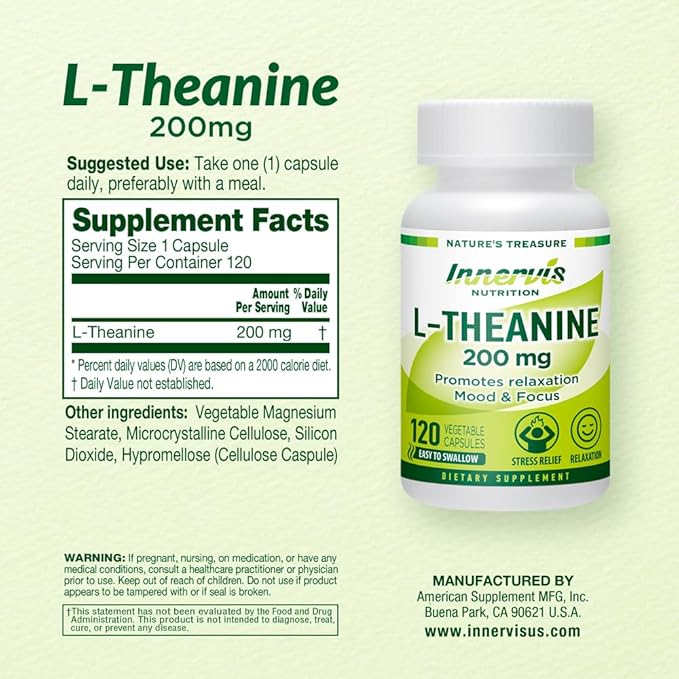 L-Theanine 200mg - Promotes Relaxation Focus and Concentration 120 Veggie Capsules Stress Relief Supplement