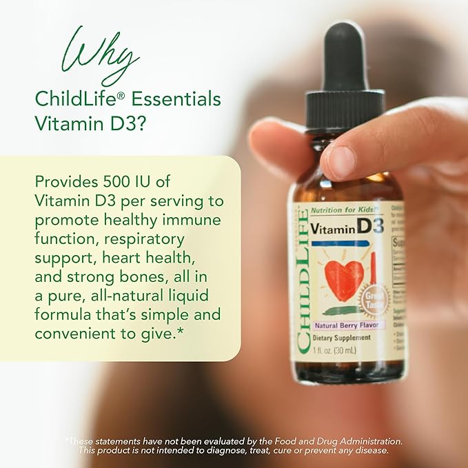 CHILDLIFE Essentials Vitamin D3 Drops for Kids, Children, & Toddlers - Liquid Vitamin D Drops, 500 IU per Drop, Immune & Bone Health Support, Natural Berry - 1 Fl Oz (Pack of 2)
