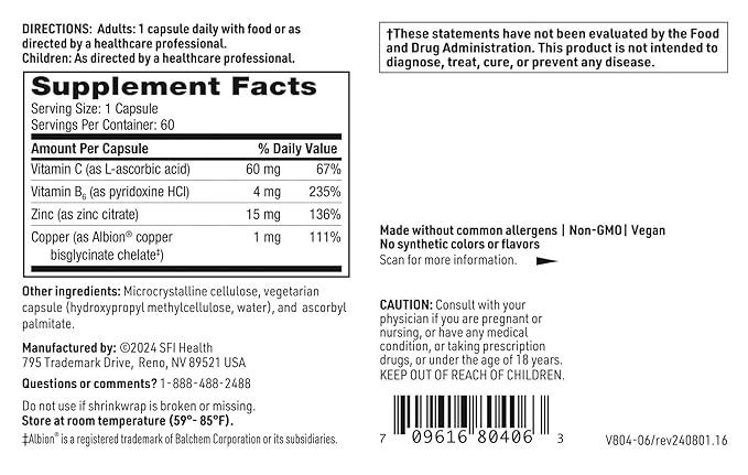 Klaire Labs Zinc Plus Immune Support Supplement - Zinc Citrate with Copper, Vitamin B6 & Vitamin C - Hypoallergenic (60 Capsules)